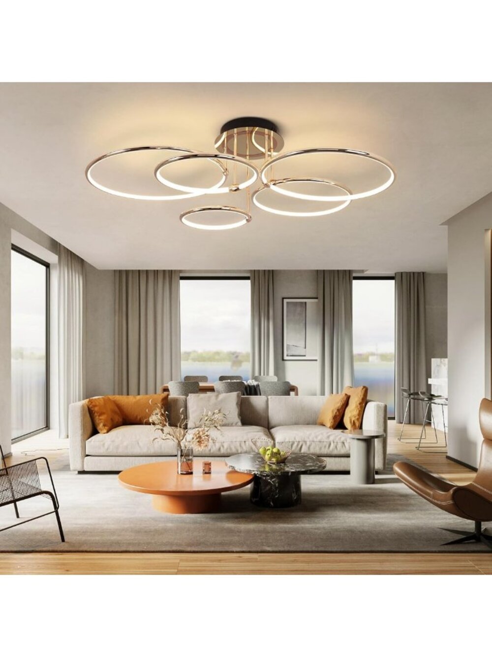 Modern Gold Dimmable LED Ceiling Light Fixture with Remote Control - 5 Rings - Picture 8 of 8